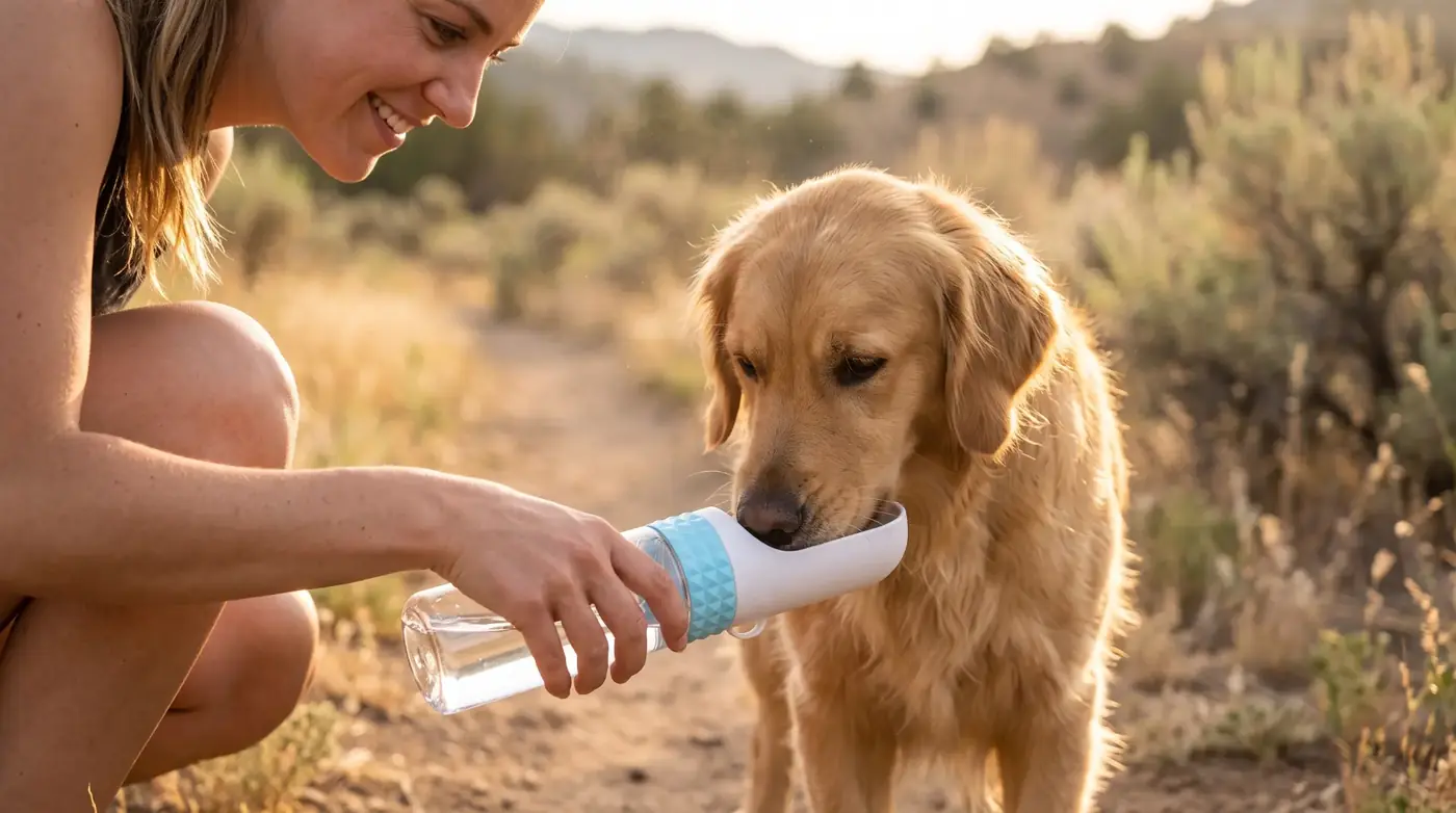 Owner kneeling on a sunlit trail while her golden retriever drinks from the wide scoop of a WanderPaws bottle.